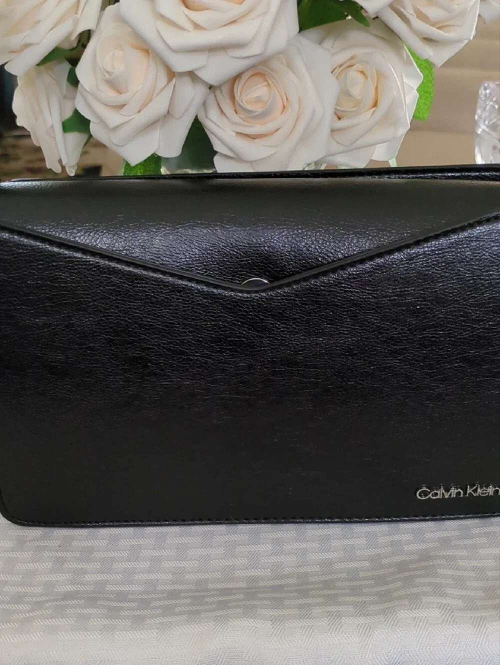 Calvin Klein Black Leather Envelope Clutch with Silver Logo
